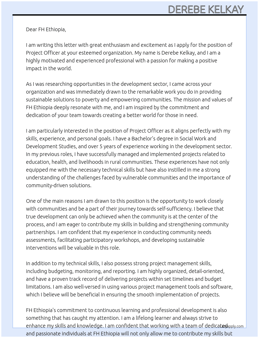 Project Officer At FH Ethiopia Cover Letter
