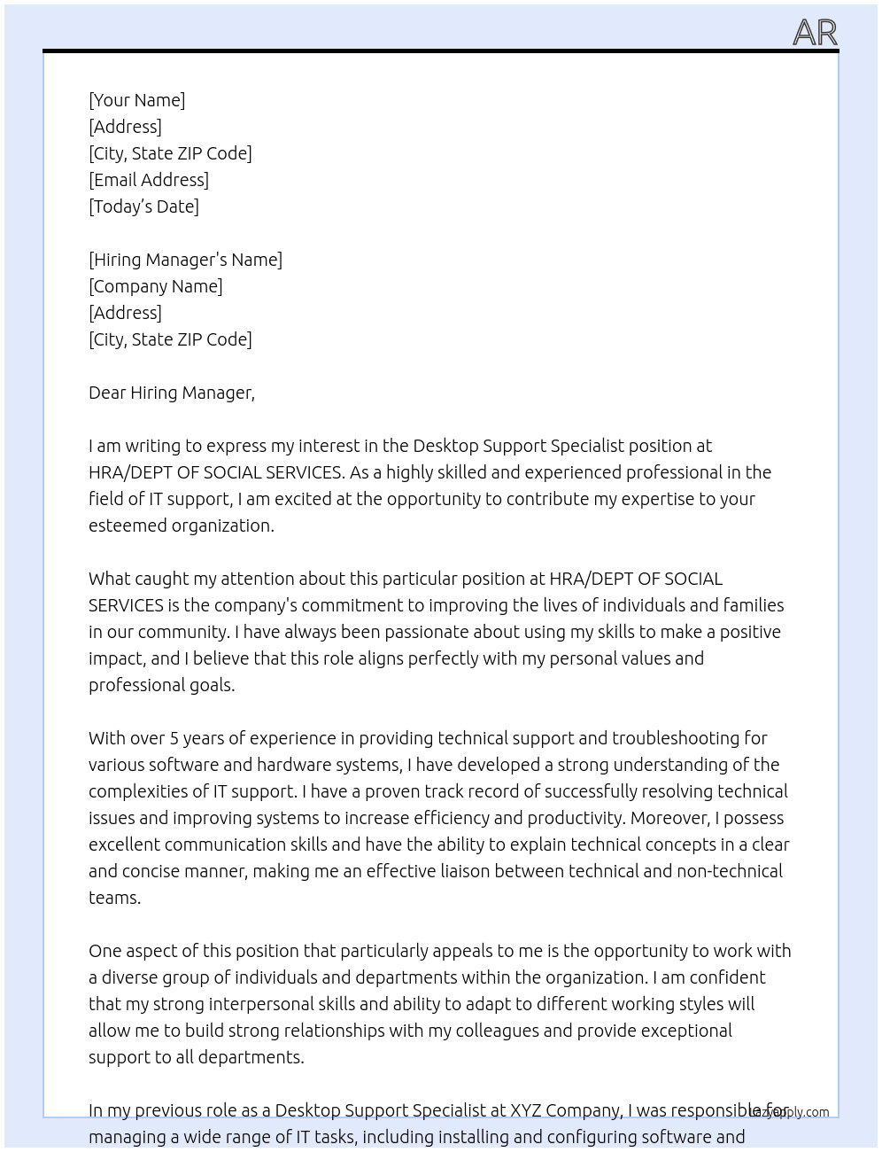 DESKTOP SUPPORT SPECIALIST At  HRA/DEPT OF SOCIAL SERVICES  Cover Letter