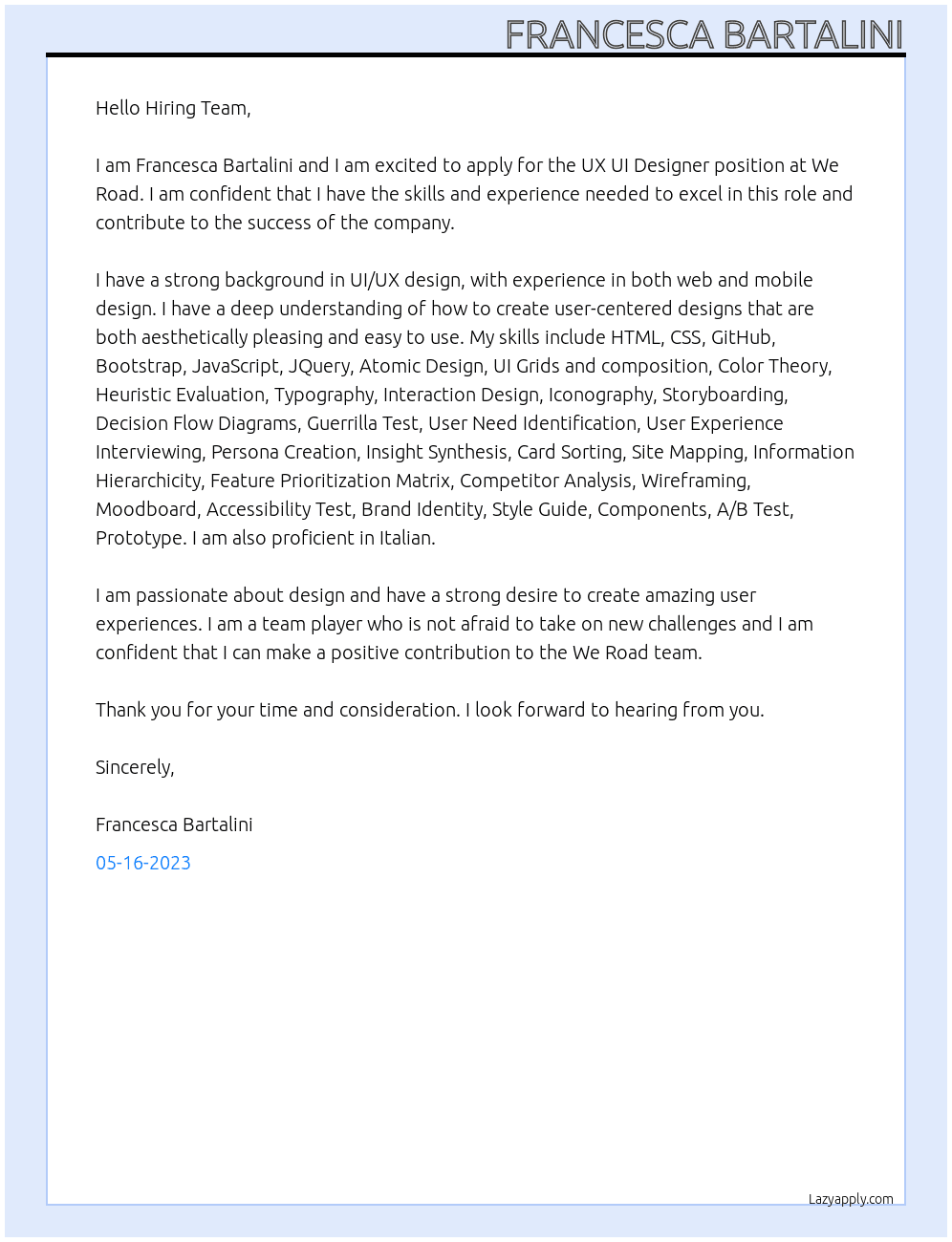 UX UI Designer At We Road Cover Letter