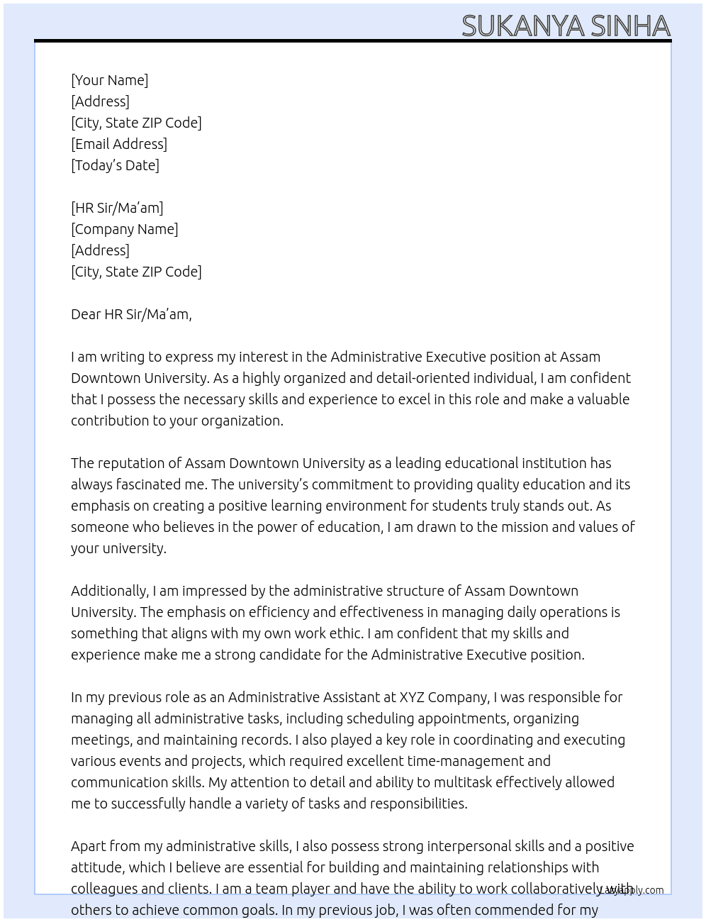 administrative executive At Assam Downtown University Cover Letter