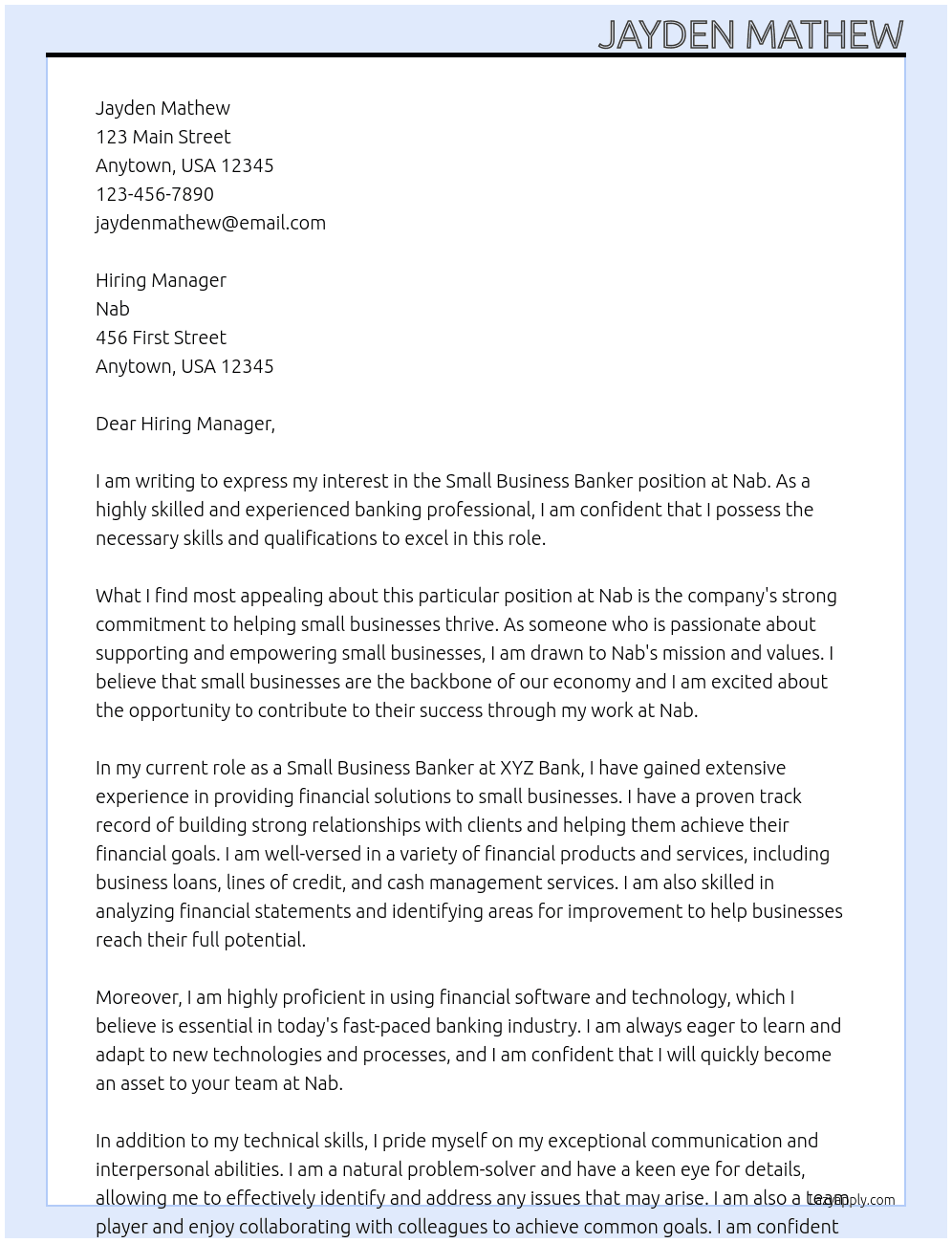 Small business banker At Nab Cover Letter