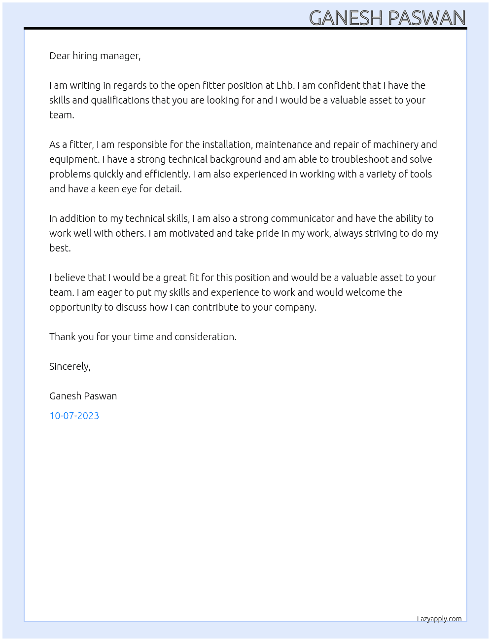 Fitter  At Lhb Cover Letter