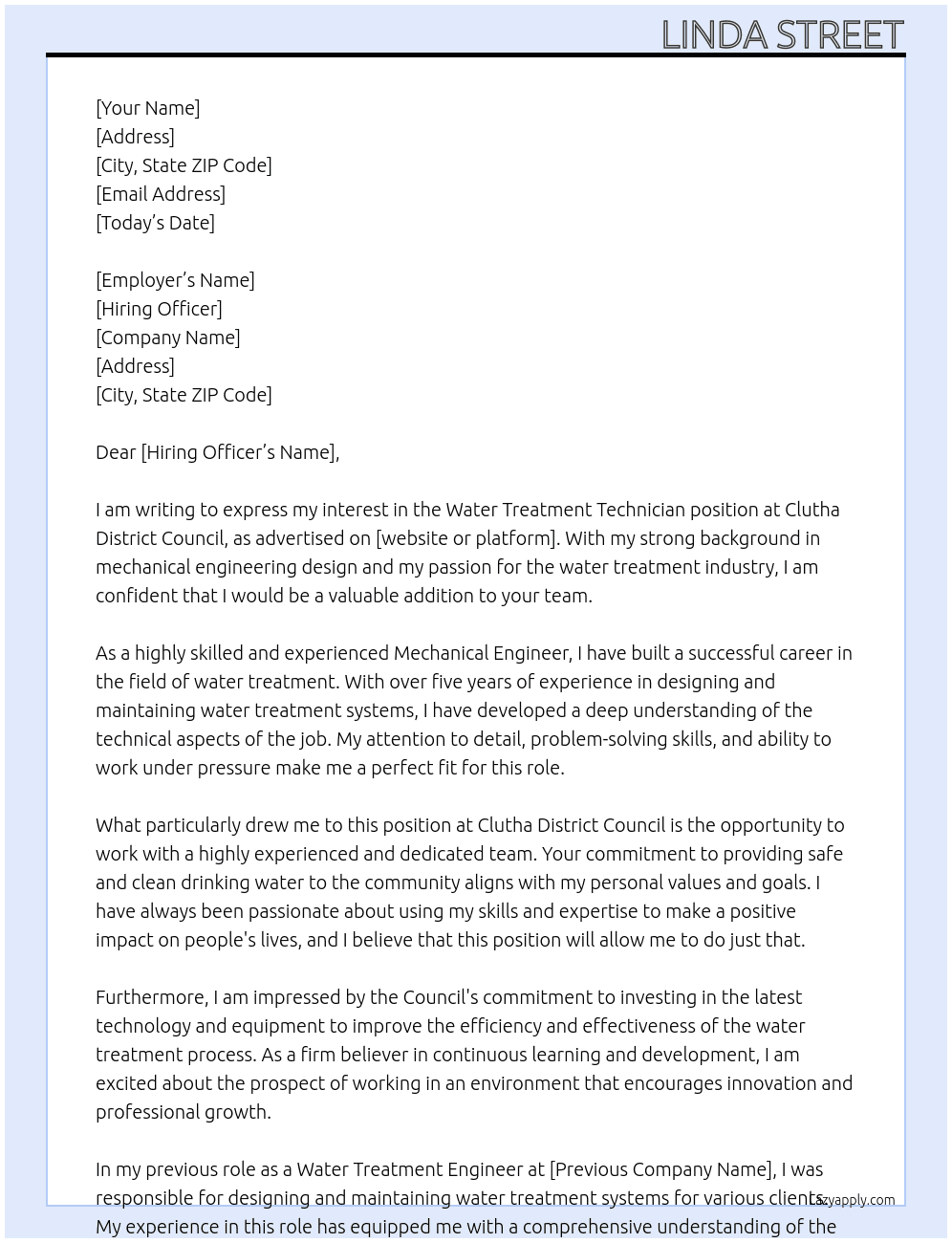 Water treatment technican At Clutha district Council Cover Letter