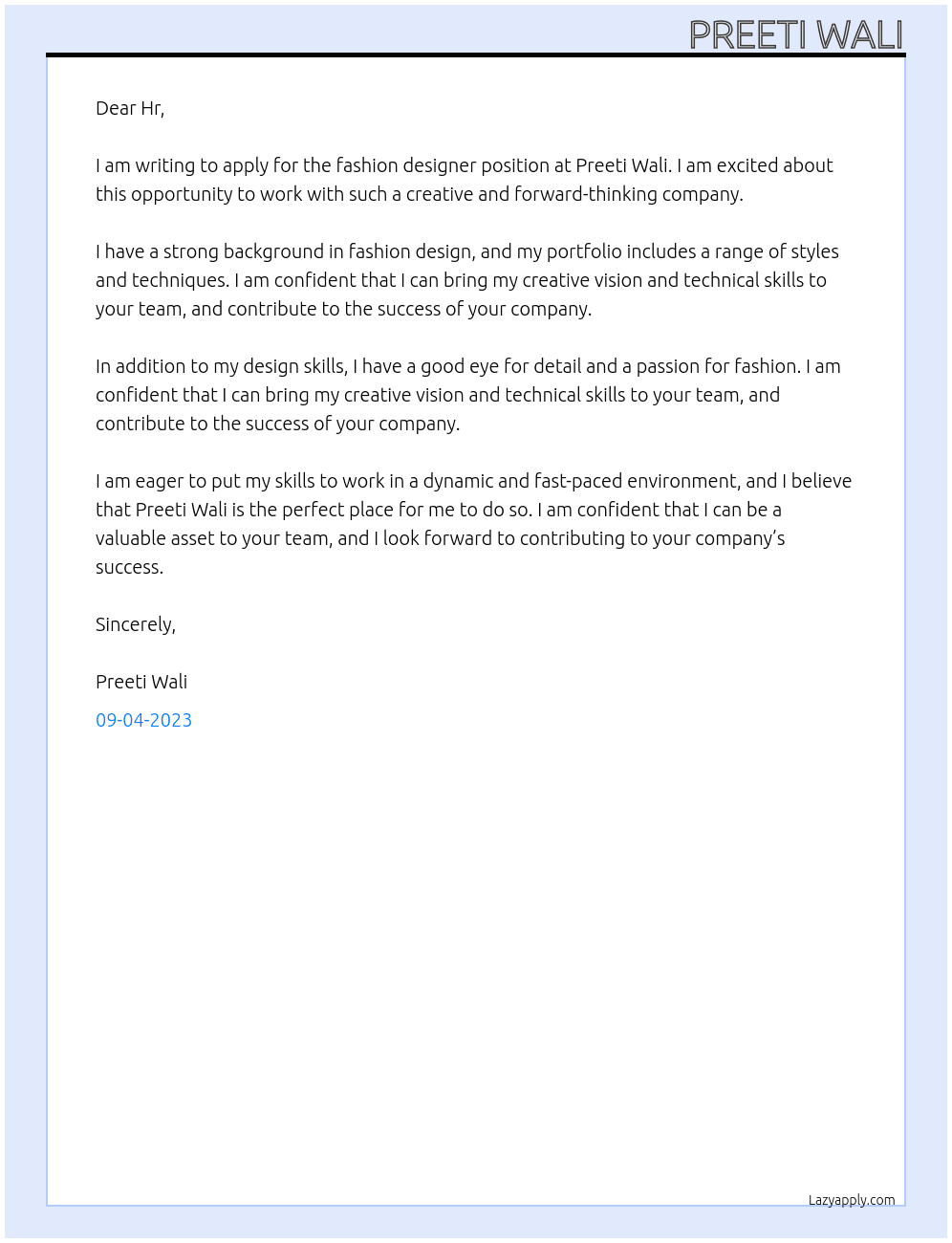 fashion designer At Preeti Wali Cover Letter