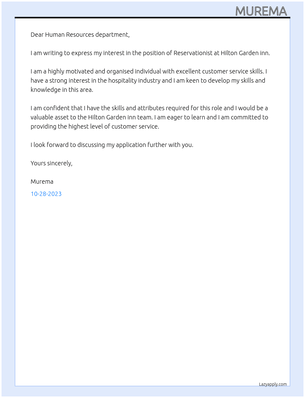 Reservationist  At Hilton Garden inn  Cover Letter