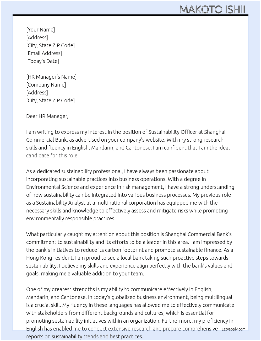 Sustainability Officer of Risk Management Division  At Shanghai Commercial Bank Cover Letter