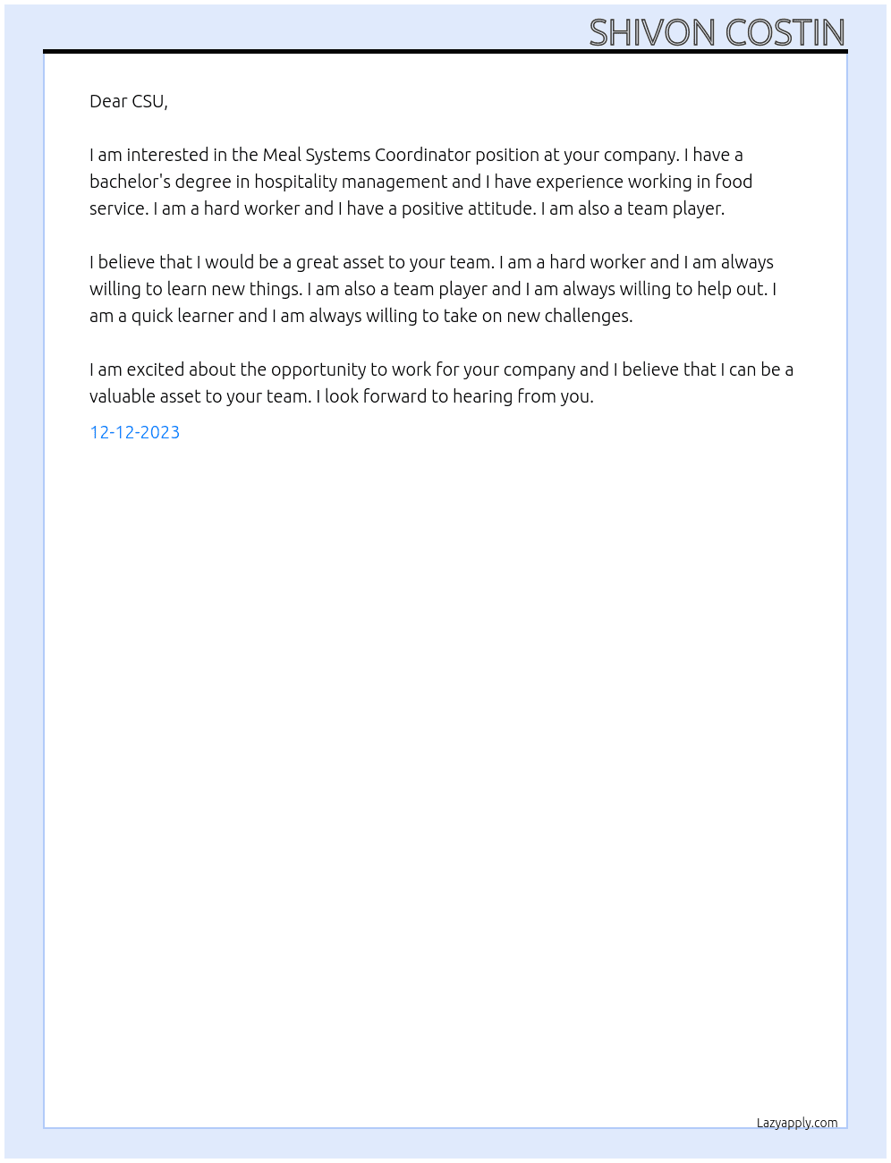 Meal Systems Coordinator At CSU Cover Letter
