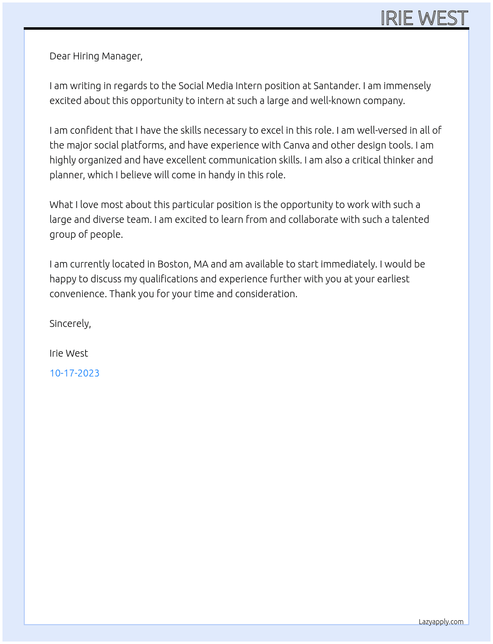 Social Media Intern At Santander Cover Letter