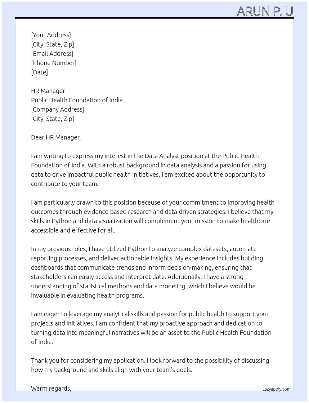 Data Analyst At Public Health Foundation of India Cover Letter