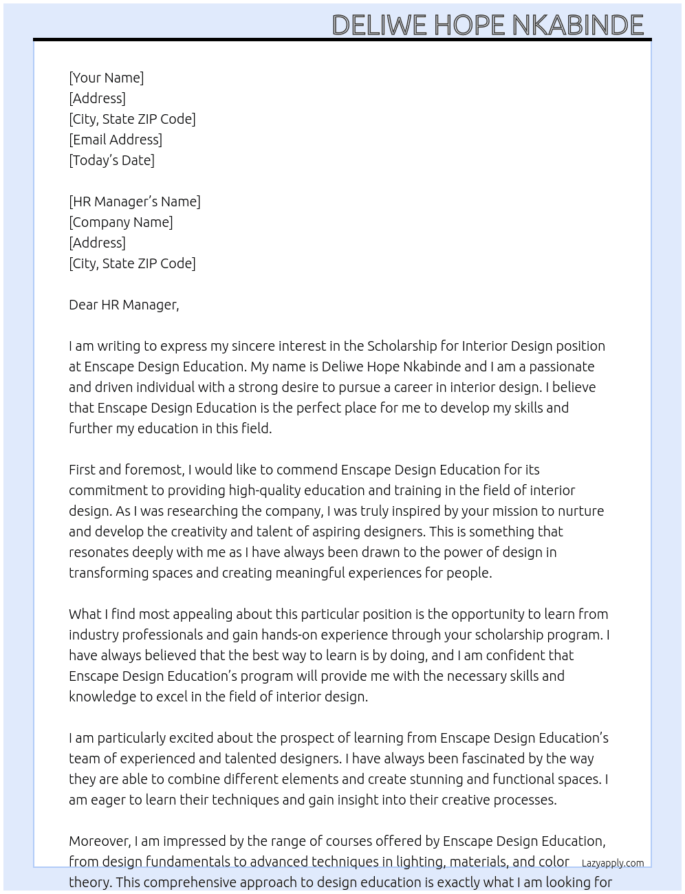 Scholarship for interior design  At Enscape design education  Cover Letter