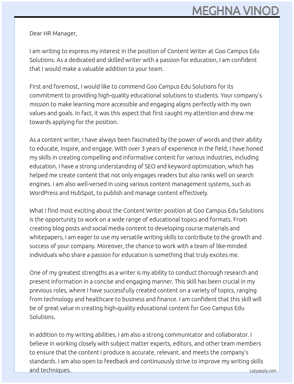 Content writer  At Goo campus edu solutions  Cover Letter