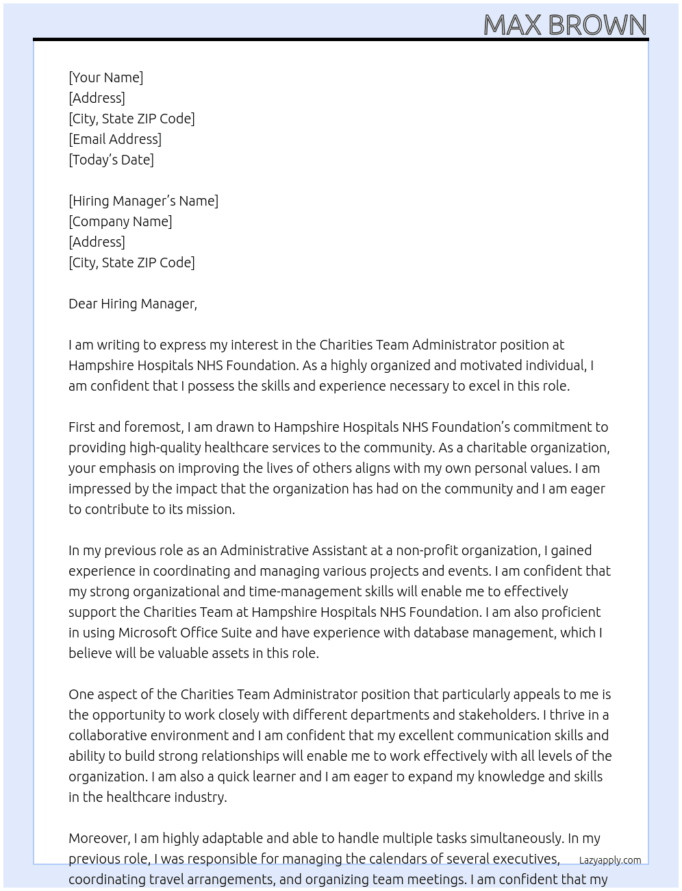 Charities Team Administrator At Hampshire Hospitals NHS Foundation Cover Letter