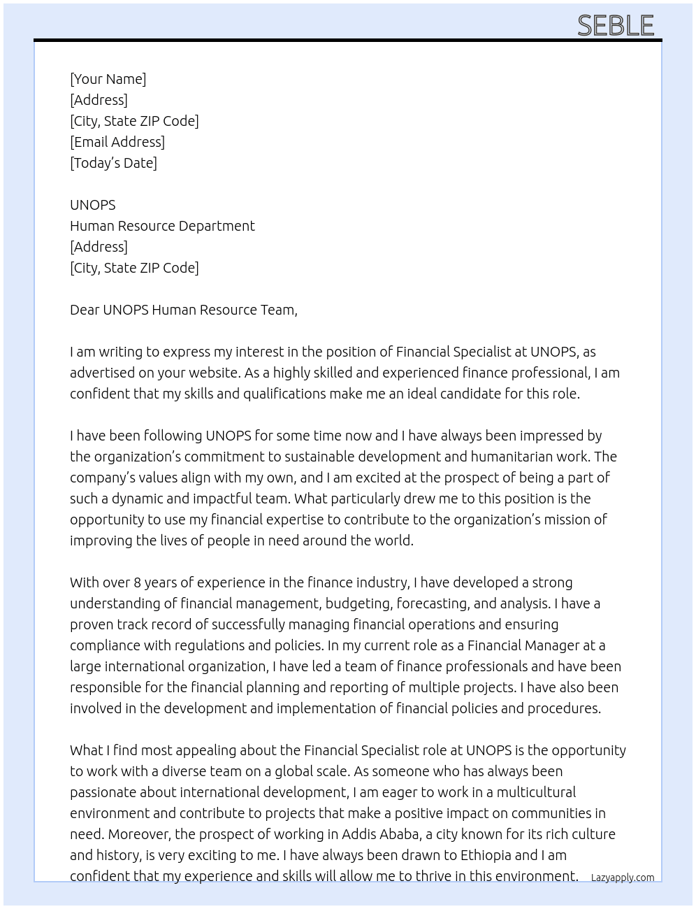 Financial Specialist  At UNOPS Cover Letter