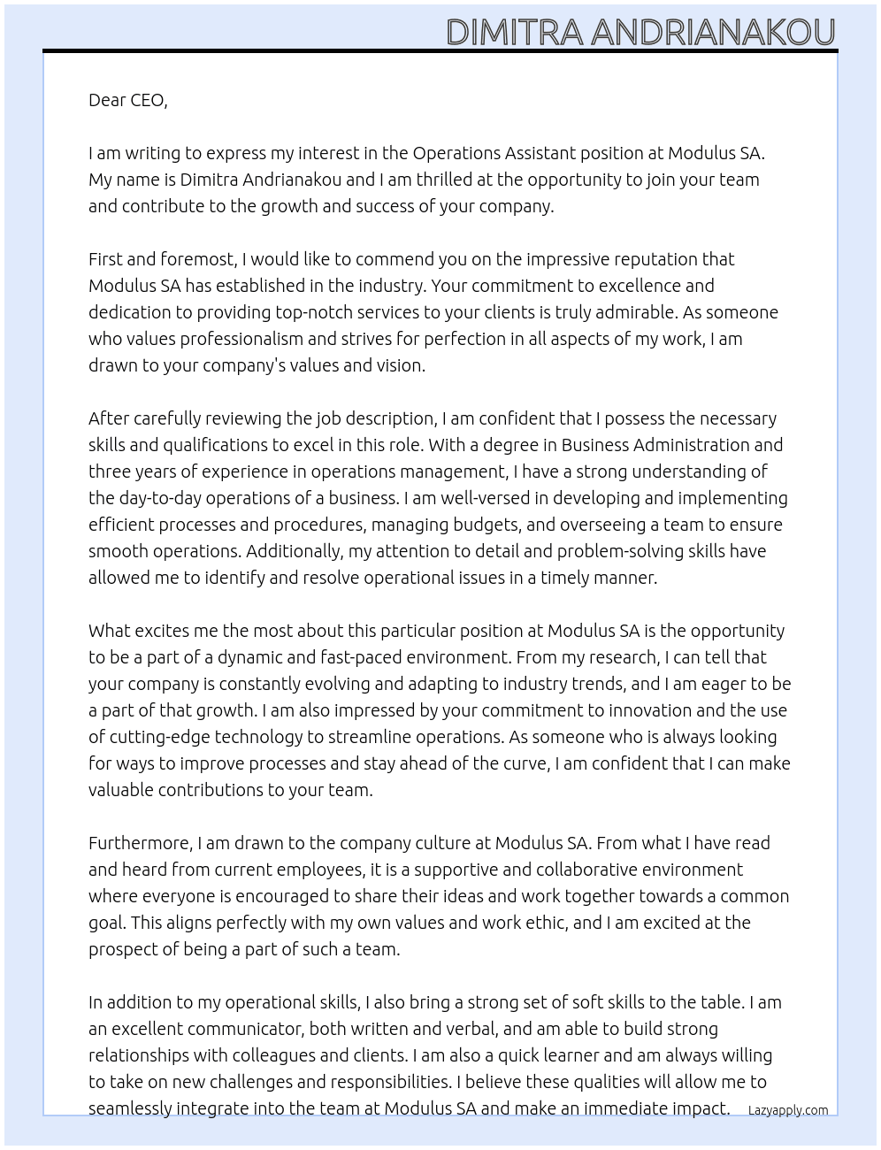 Operations Assistant At modulus SA  Cover Letter
