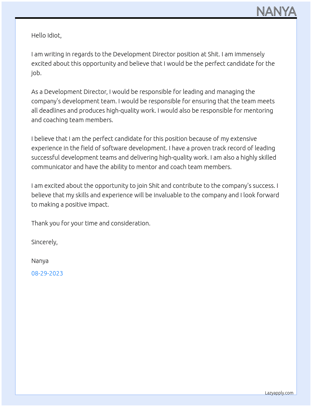 Development Director At Shit Cover Letter