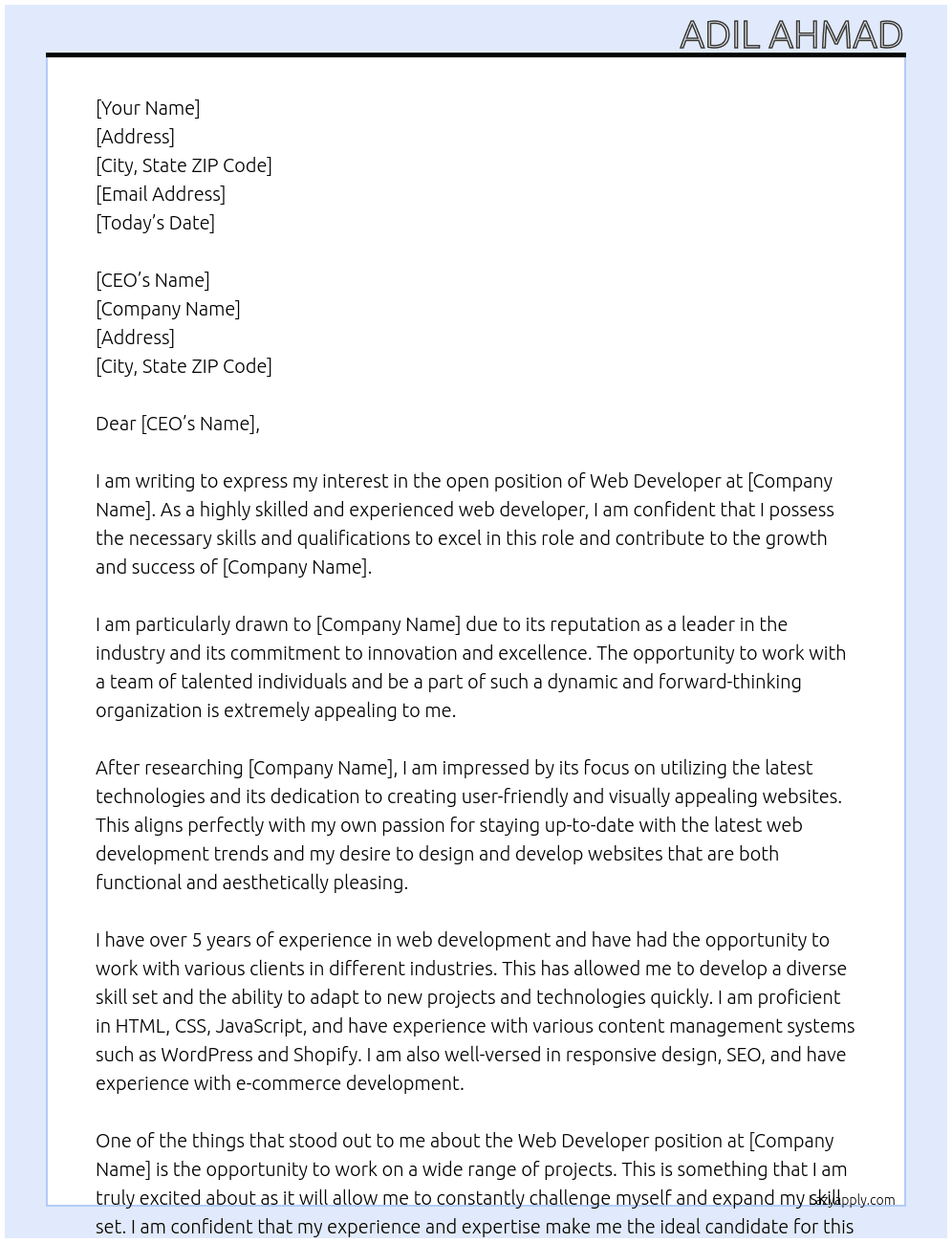 Web Developer At stellen Cover Letter