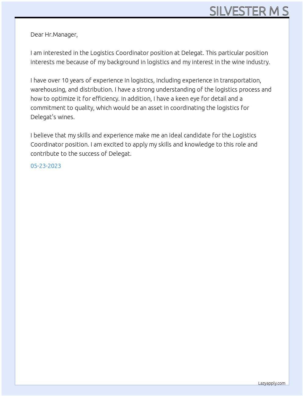 Logistics Coordinator At Delegat Cover Letter