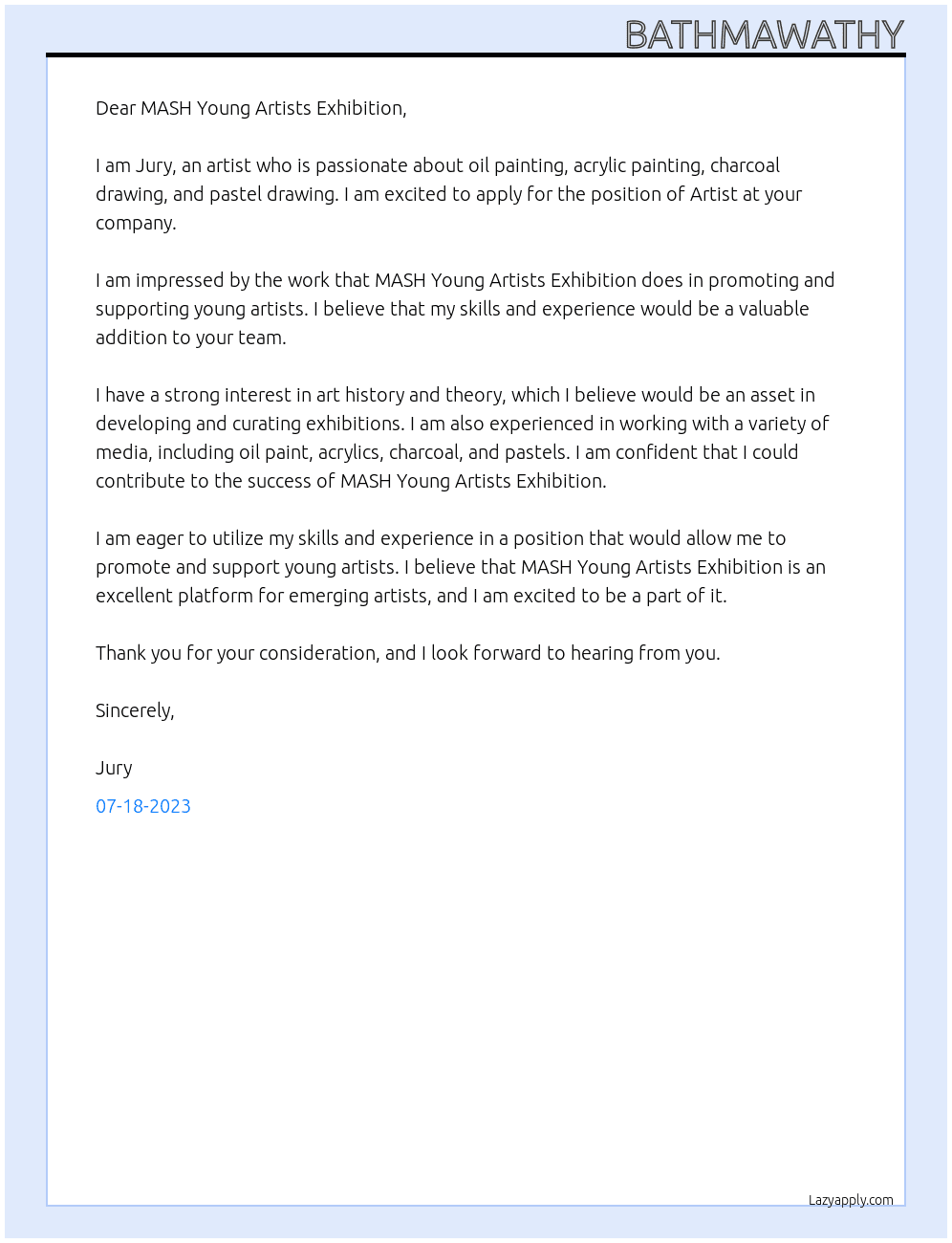 Artist At MASH Young Artists Exhibition Cover Letter