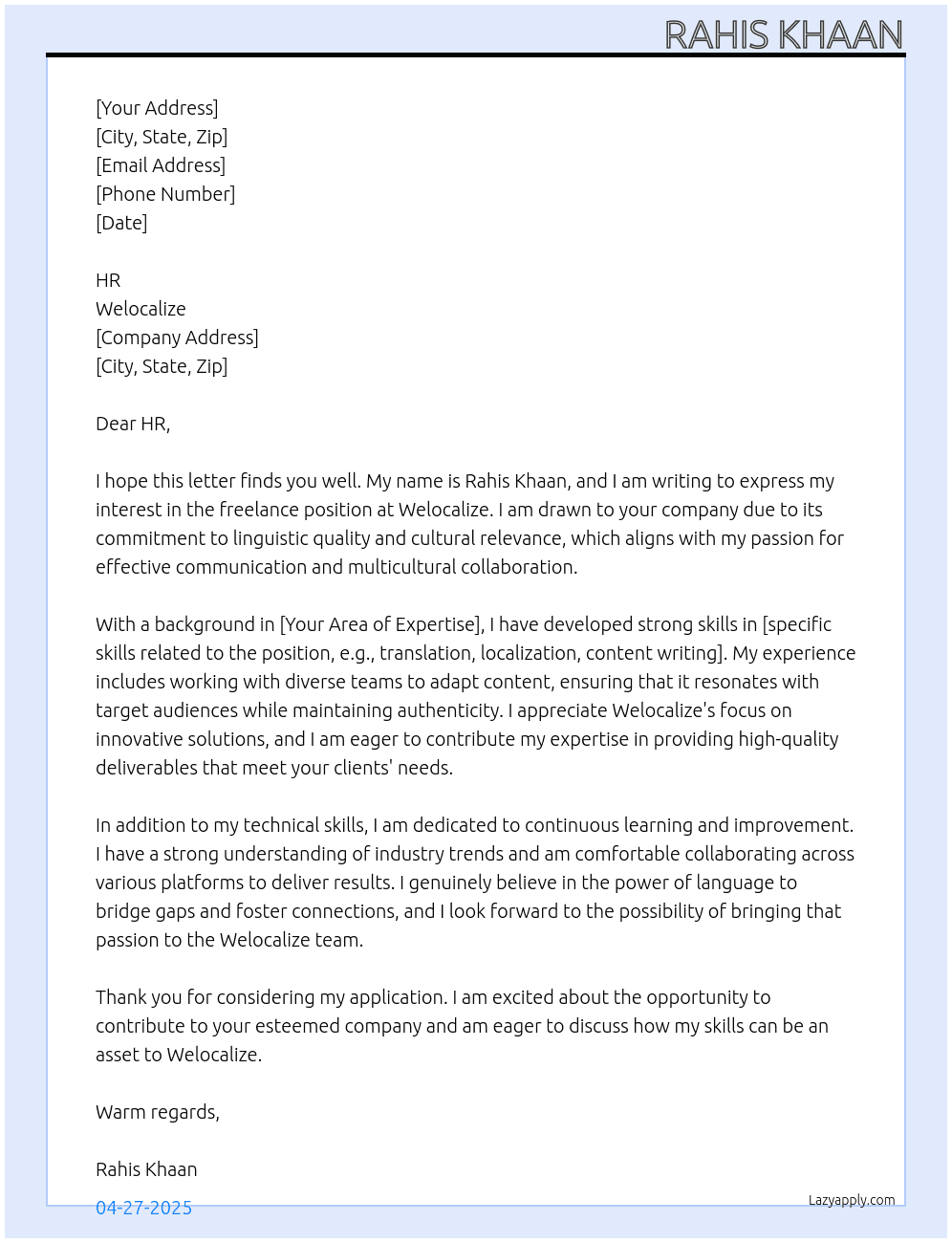 Freelance At welocalize Cover Letter