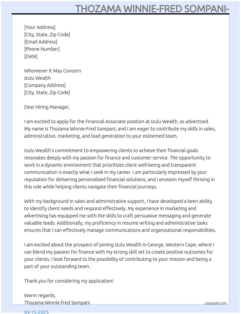 Financial Associate At Izulu Wealth Cover Letter
