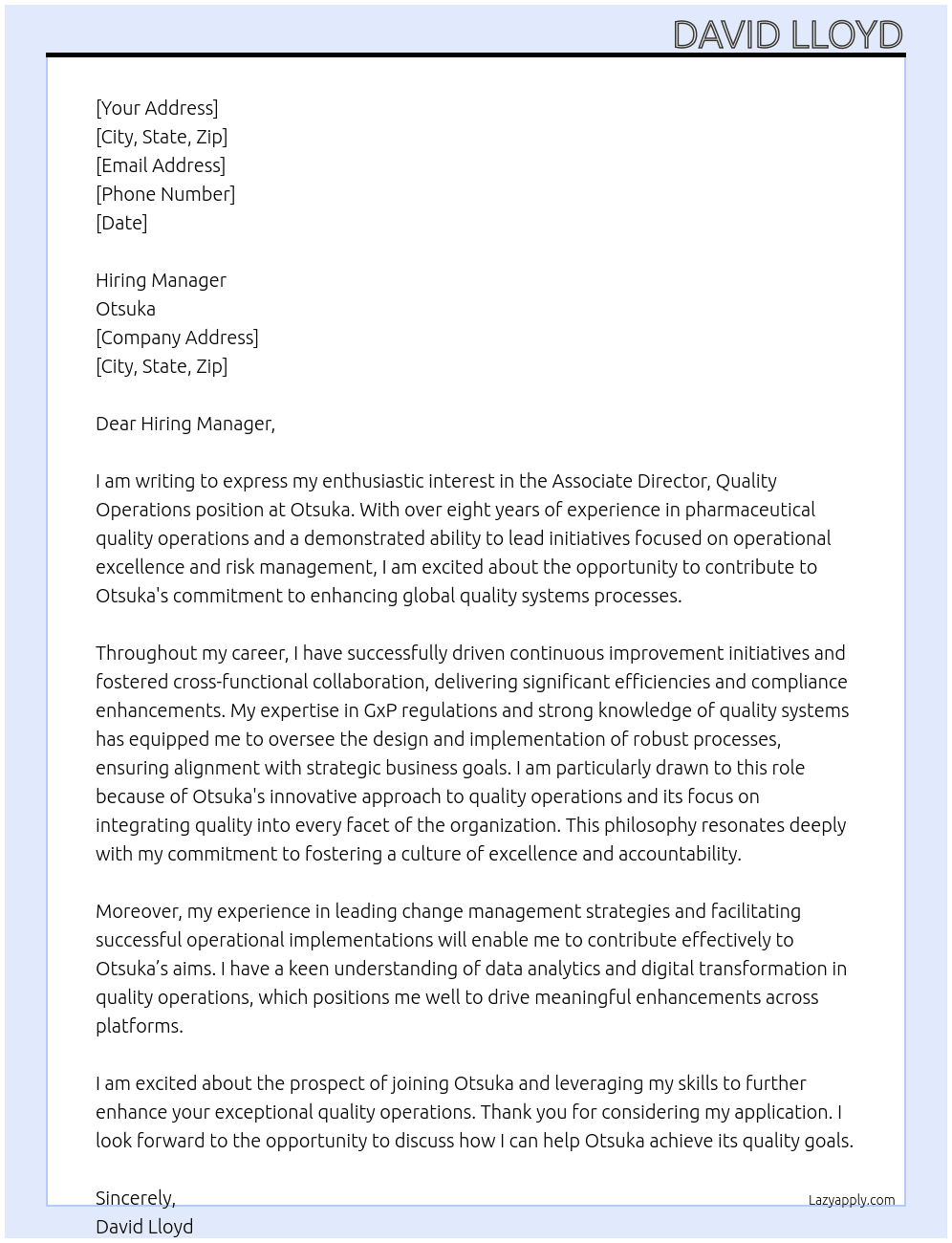 Associate Director, Quality Operations  At Otsuka Cover Letter