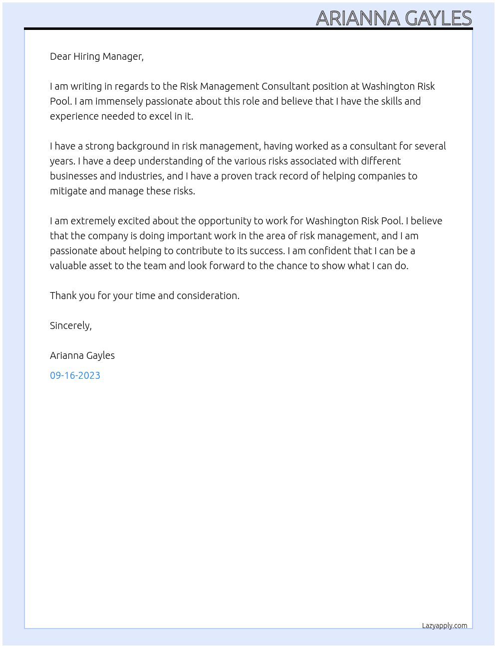 Risk Management Consultant At Washington Risk Pool Cover Letter