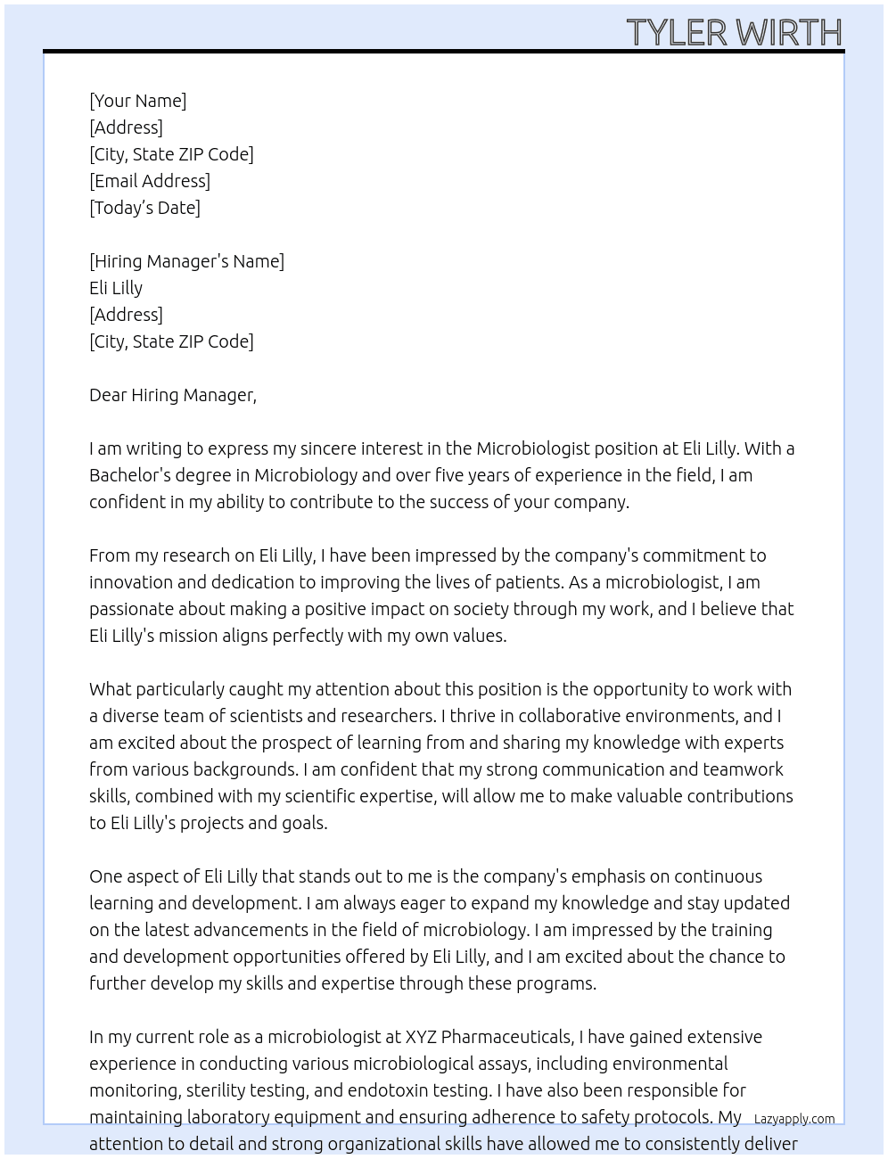 Microbiologist At Eli Lilly Cover Letter
