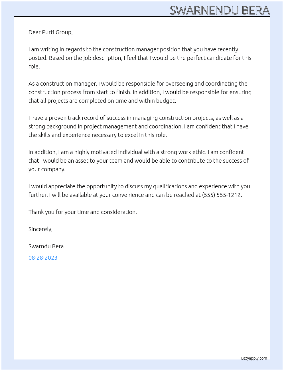 Construction Manager  At Purti Group Cover Letter