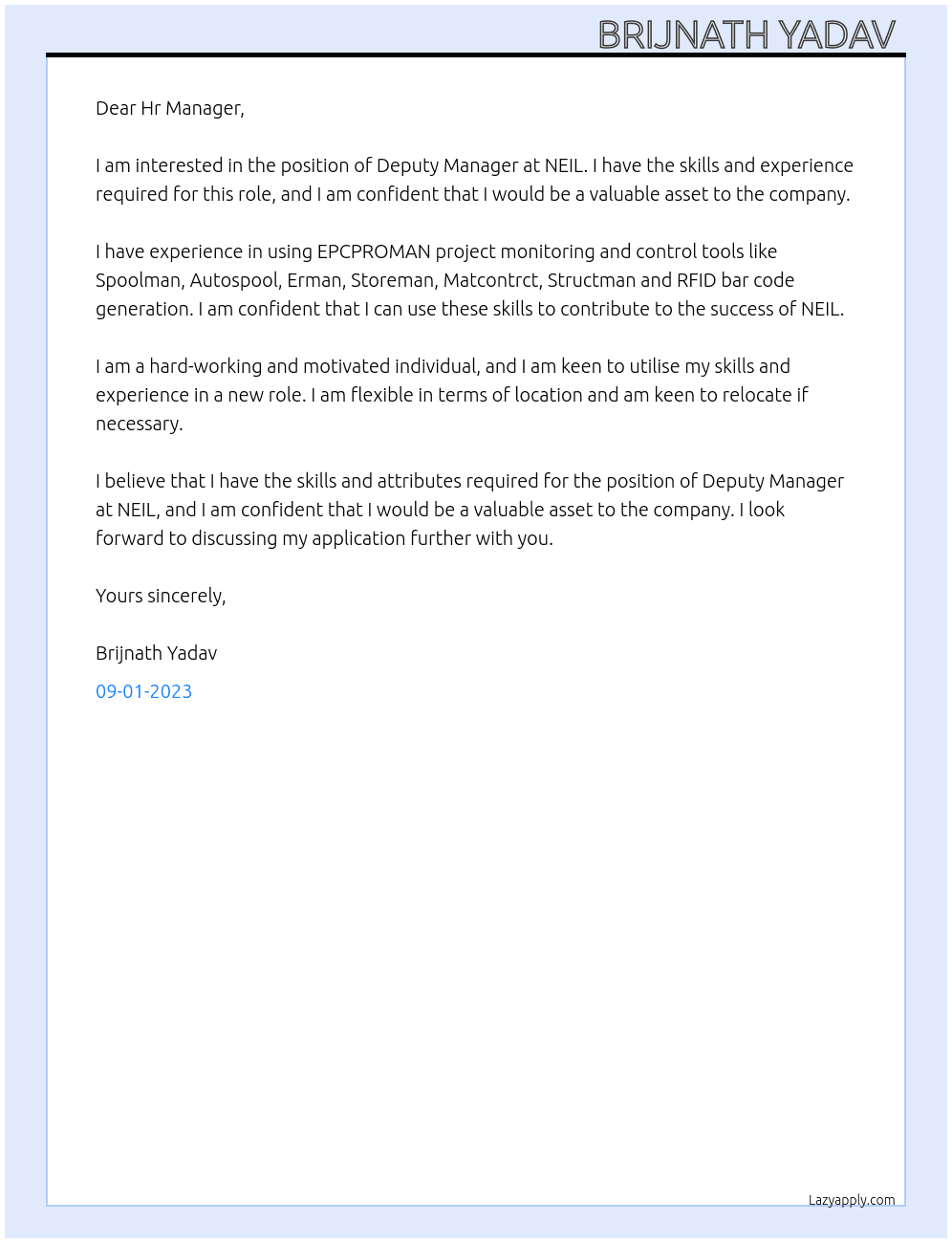 Deputy Manager  At NEIL  Cover Letter