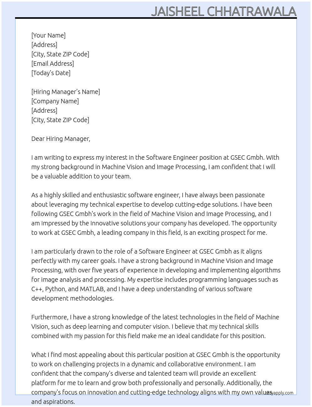 Software Engineer At GSEC Gmbh Cover Letter