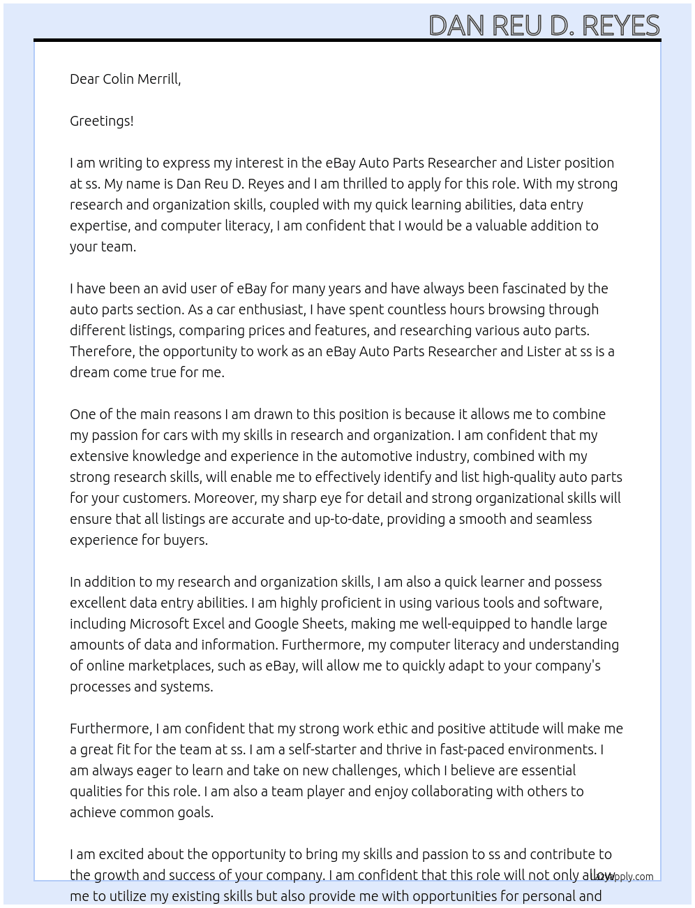 eBay Auto Parts Researcher and Lister At ss Cover Letter