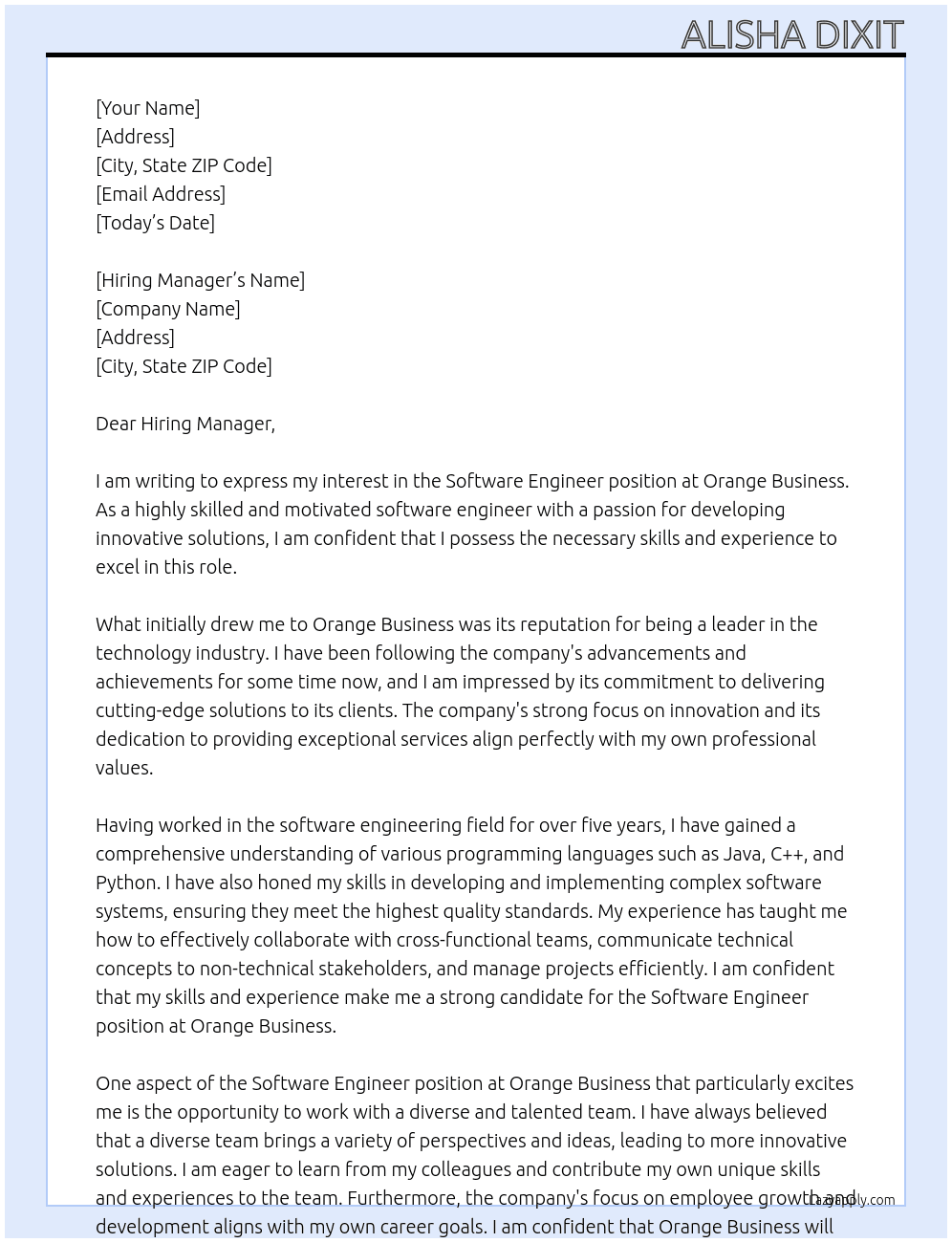 Software Engineer At orange business Cover Letter