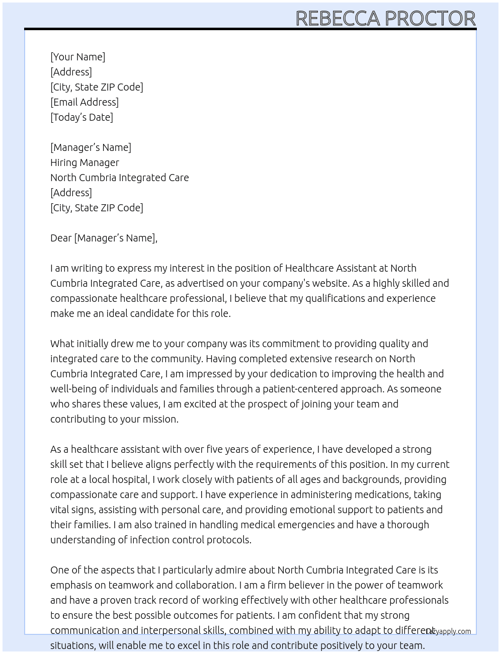 Healthcare Assistant  At North Cumbria Intergrated Care  Cover Letter