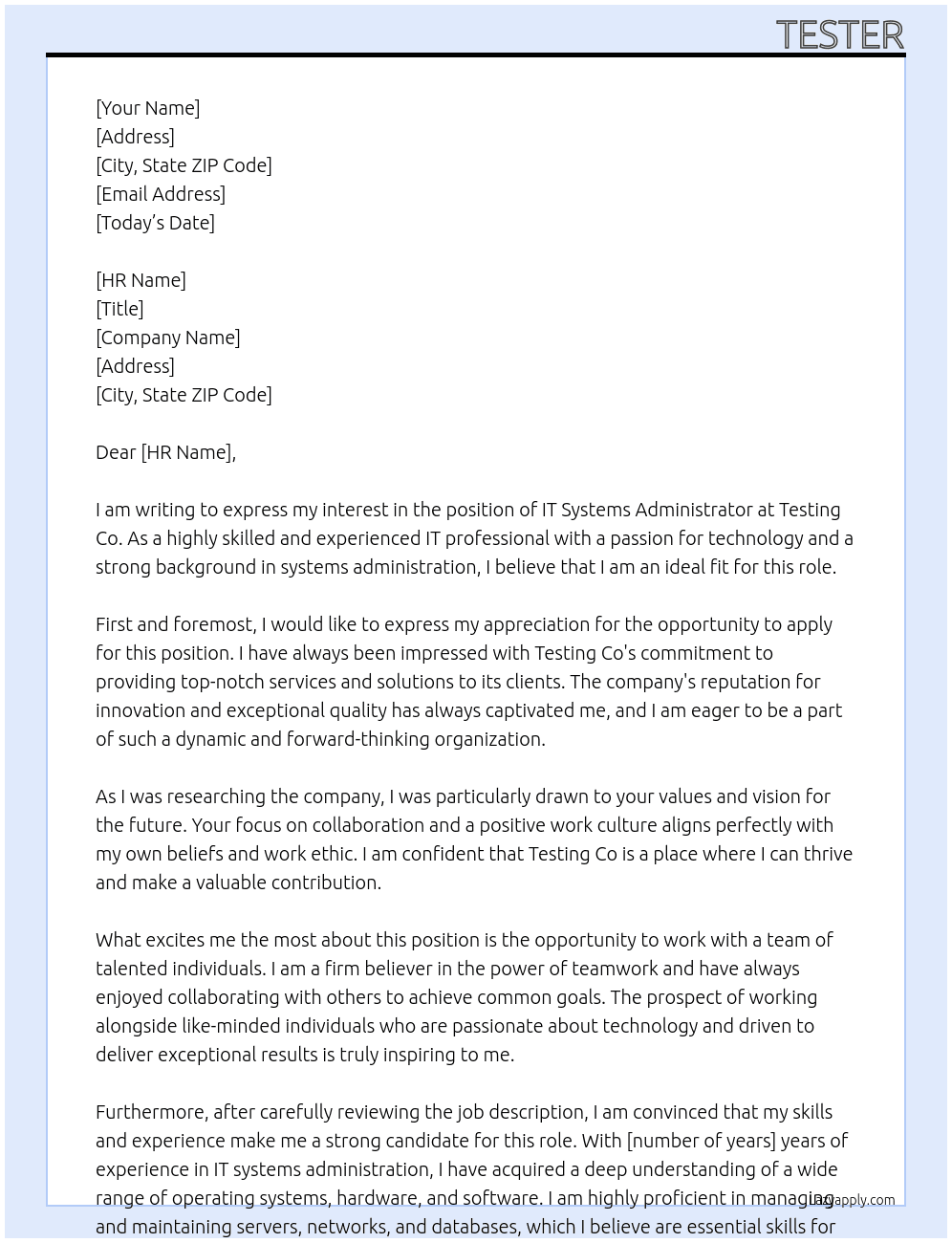 IT Systems Administrator At Testing Co Cover Letter