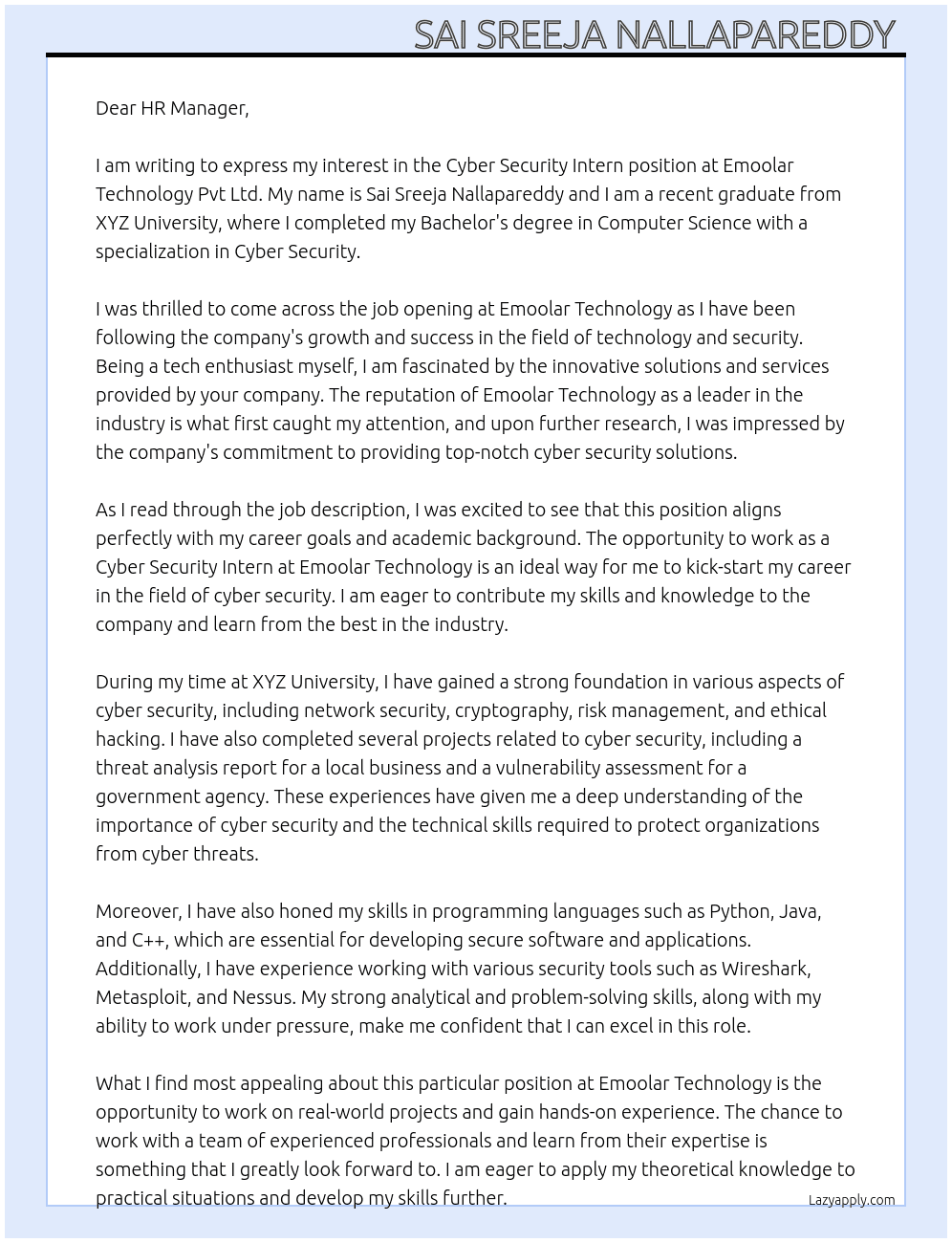 Cyber security Intern At Emoolar technology pvt Ltd  Cover Letter