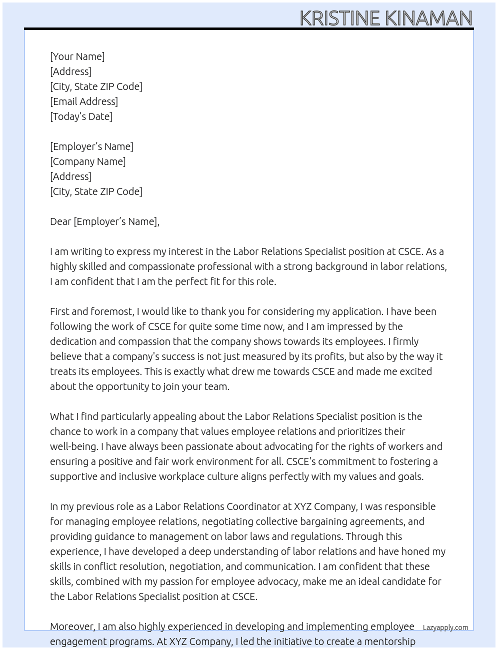 labor relations speclist At CSCE Cover Letter