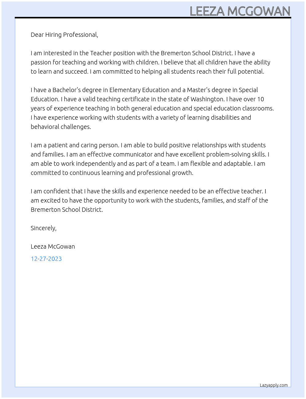 Teacher At Bremerton School District  Cover Letter