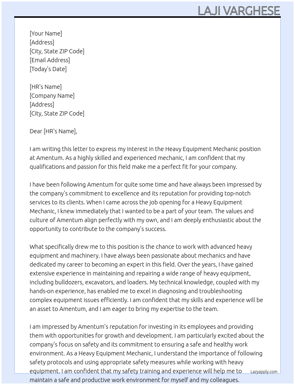 Heavy equipment Mechanic At Amentum Cover Letter