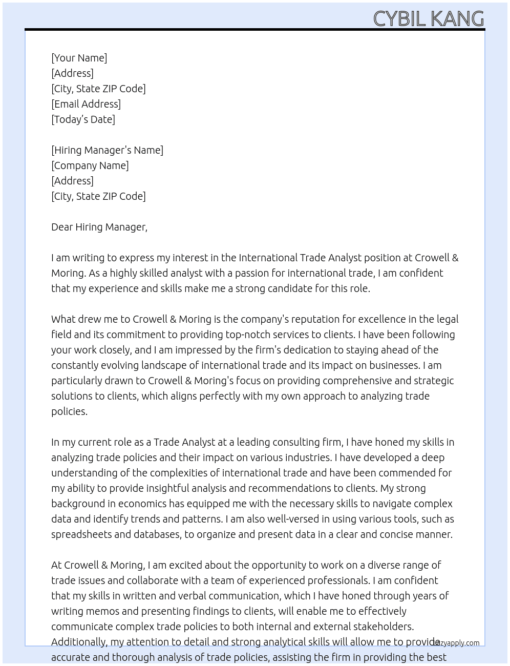 International Trade Analyst At Crowell & Moring Cover Letter