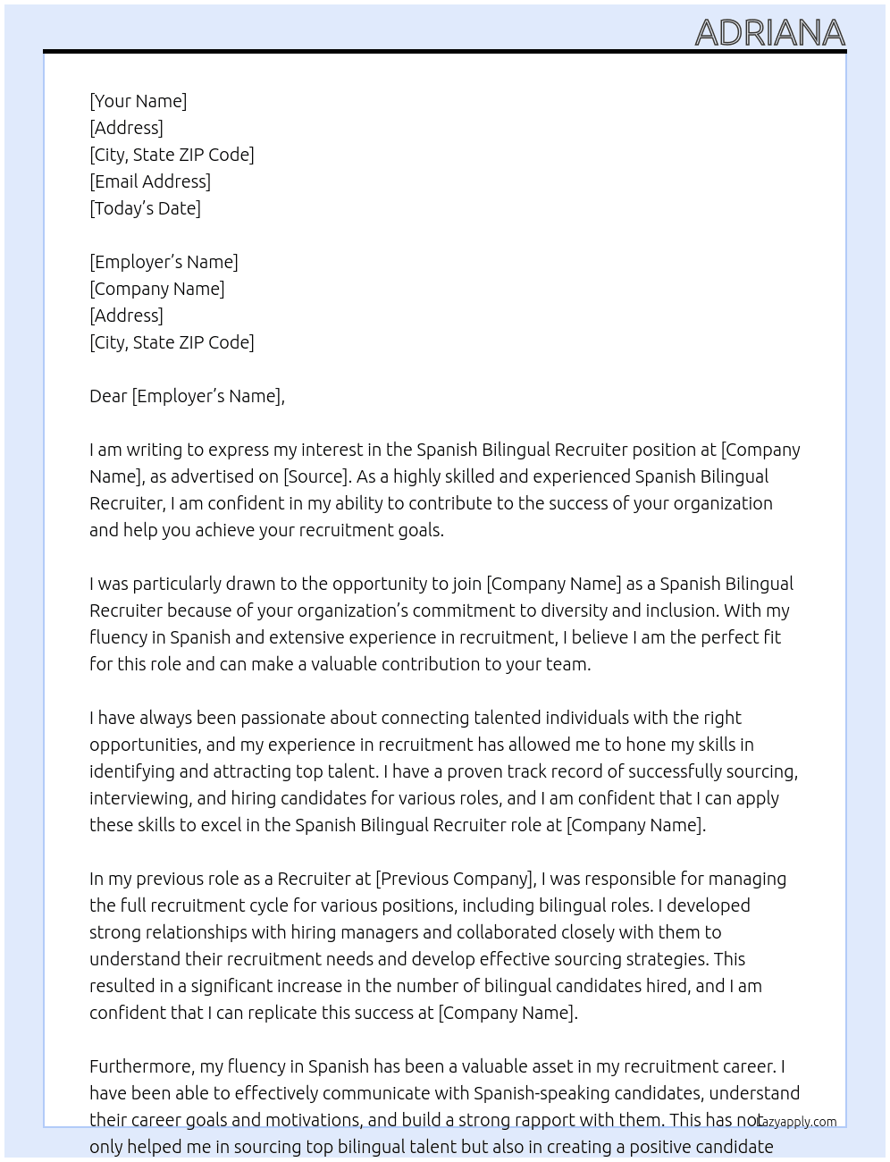Spanish Bilingual Recruiter At Adriana Cover Letter