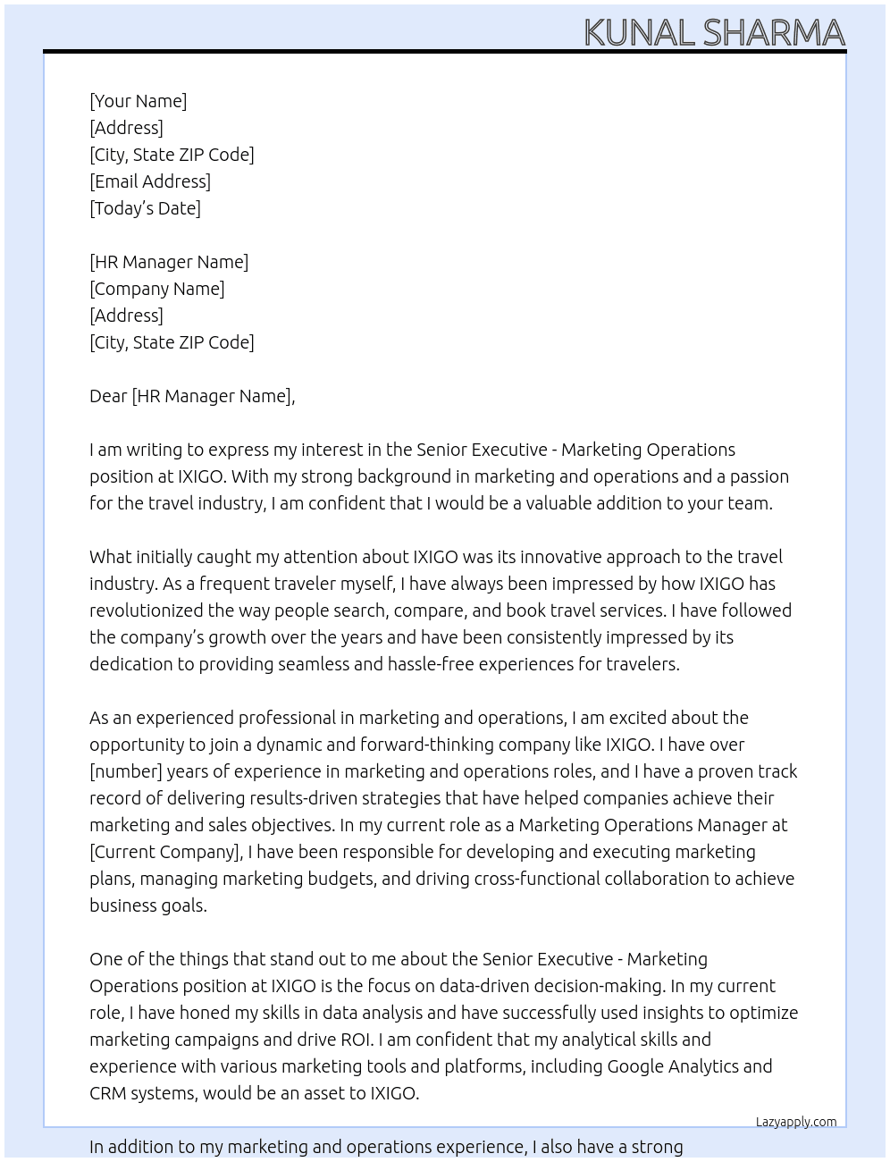Senior Executive - Marketing Operations  At IXIGO Cover Letter