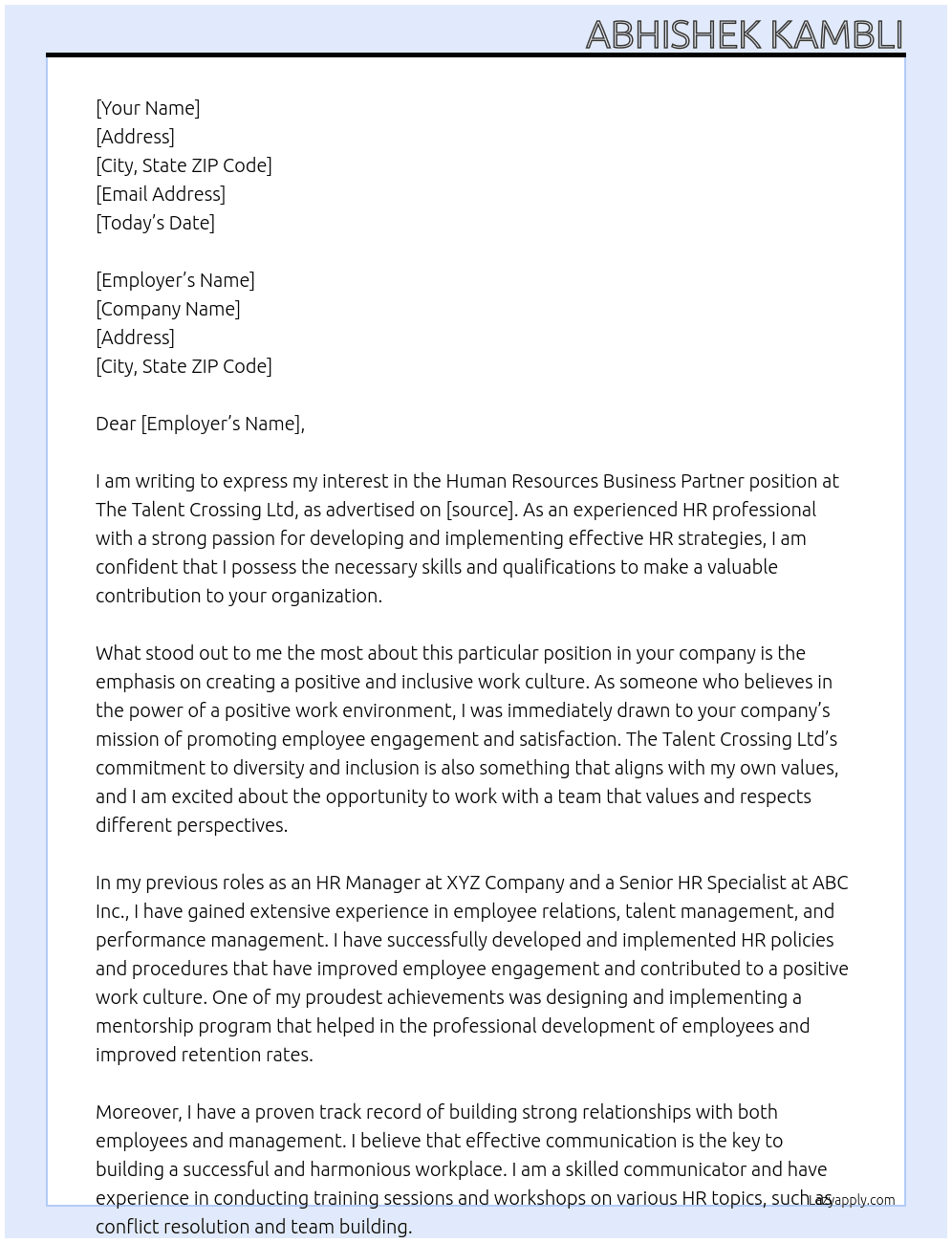 Human Resources Business Partner At The Talent Crossing Ltd Cover Letter