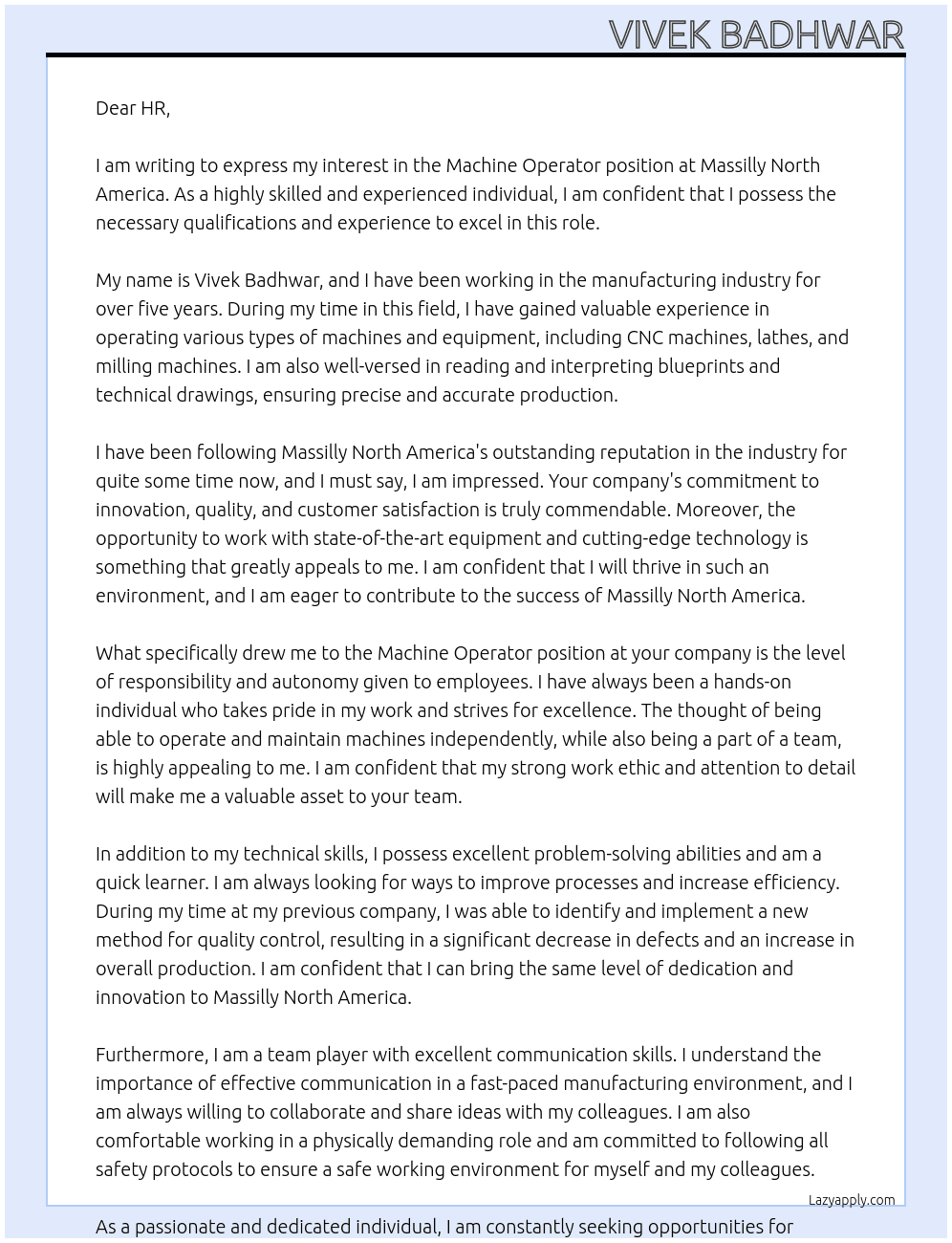 Machine operator At massilly north america  Cover Letter