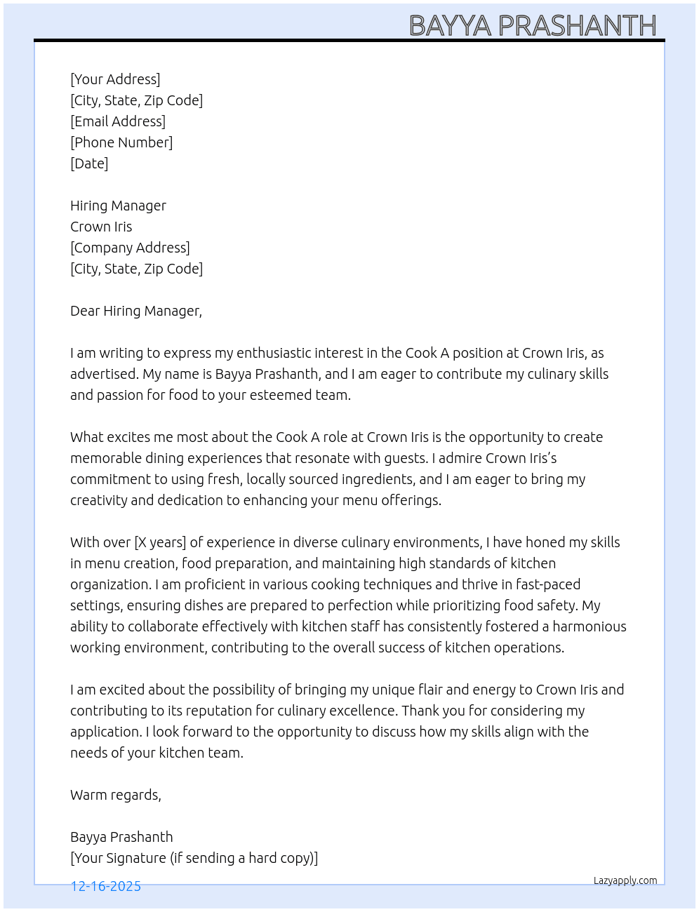 Cook A At Crown iris Cover Letter