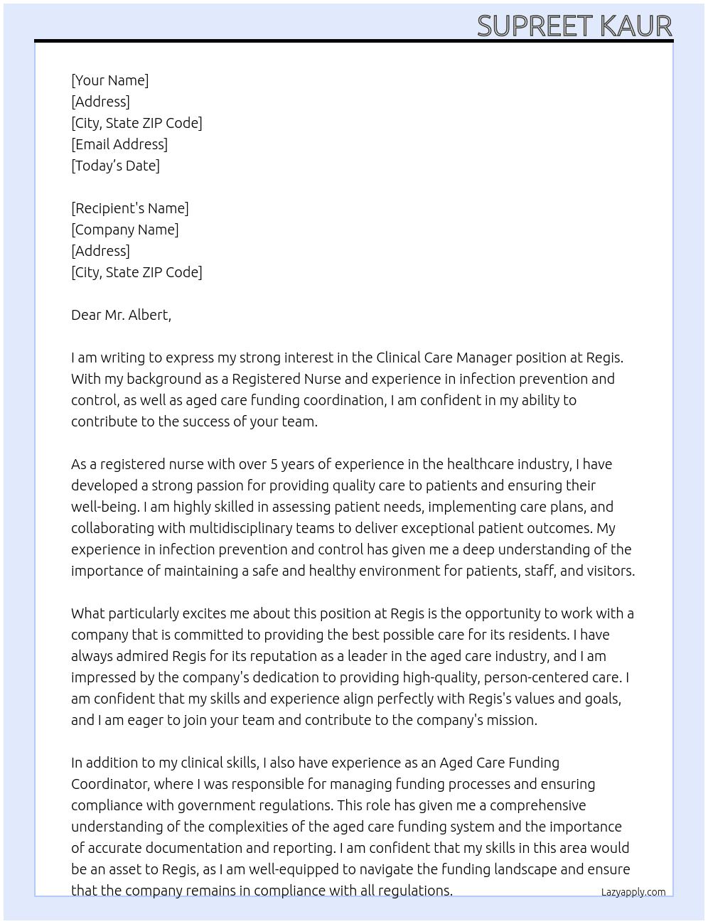 Clinical Care Manager At Regis Cover Letter