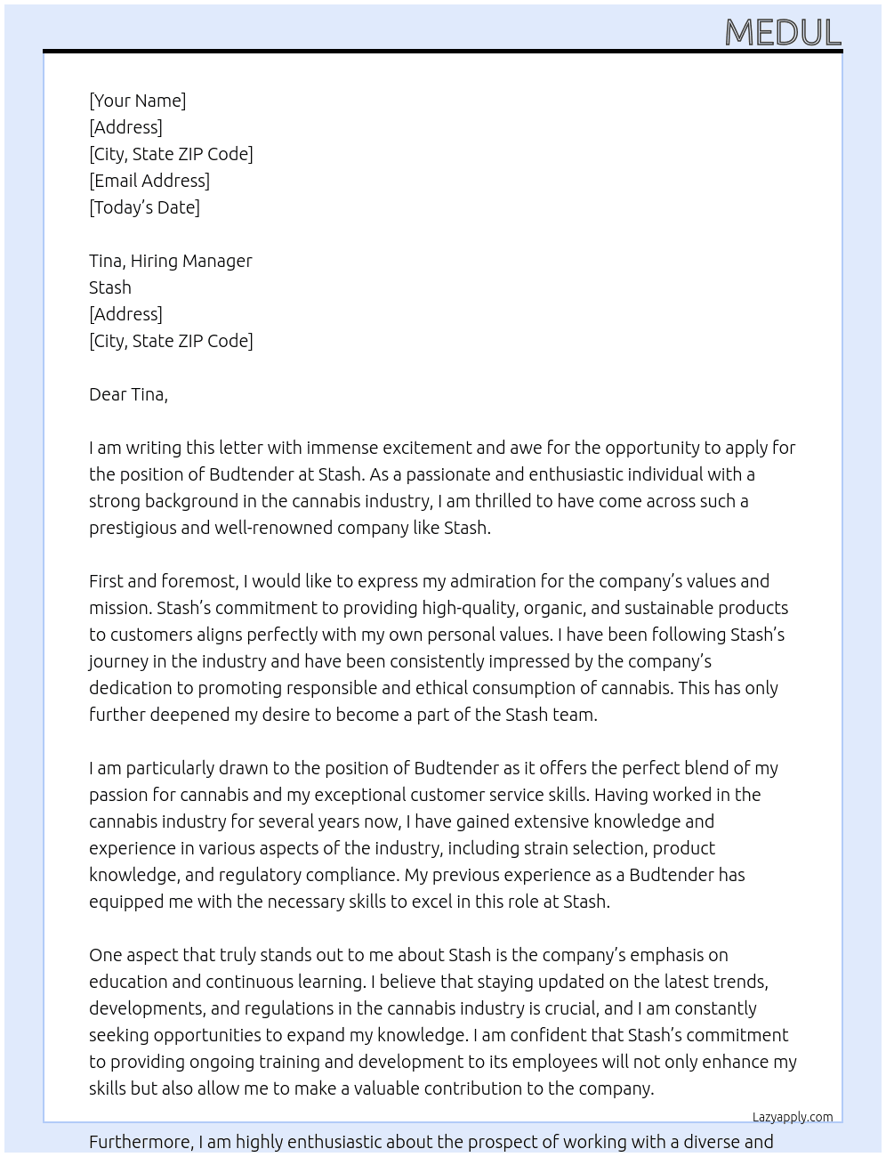 Budtender At Stash Cover Letter