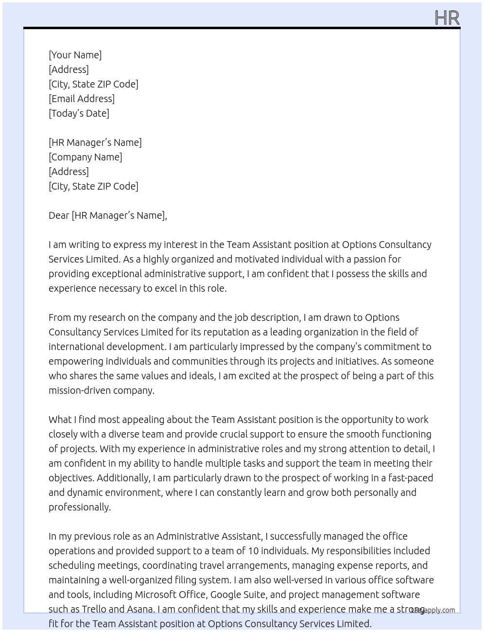 Team Assistant  At Options Consultancy Services Limited Cover Letter