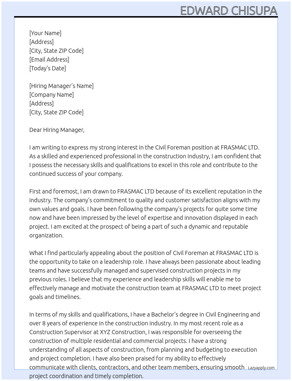 CIVIL FOREMAN At FRASMAC LTD Cover Letter