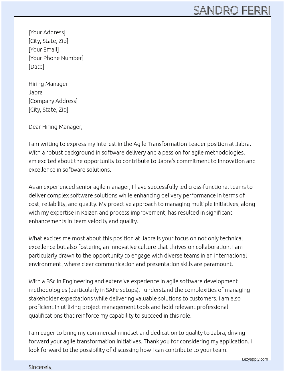 Agile Transformation Leader for Software Solutions At Jabra Cover Letter