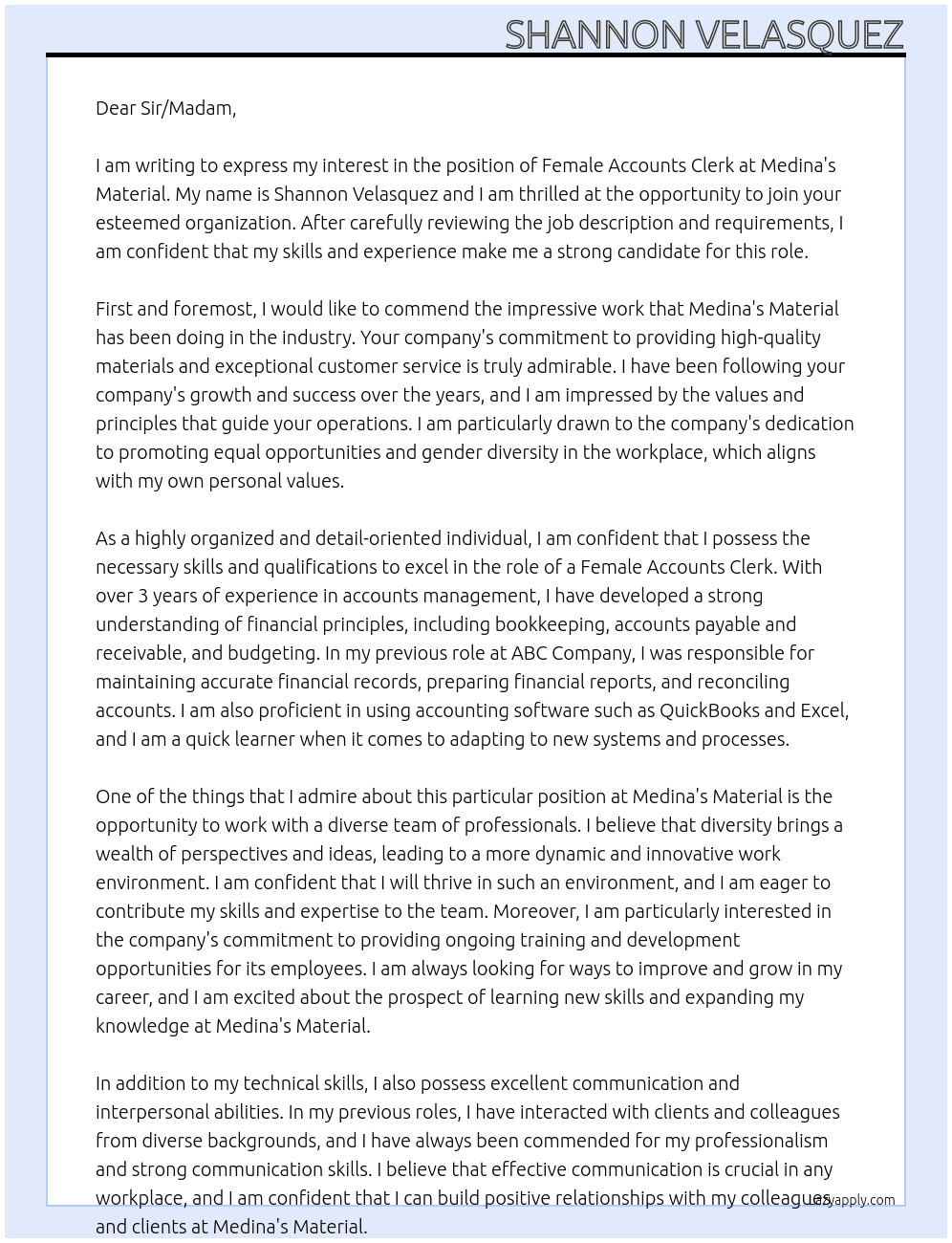 Female Accounts Clerk At Medina's Material Cover Letter